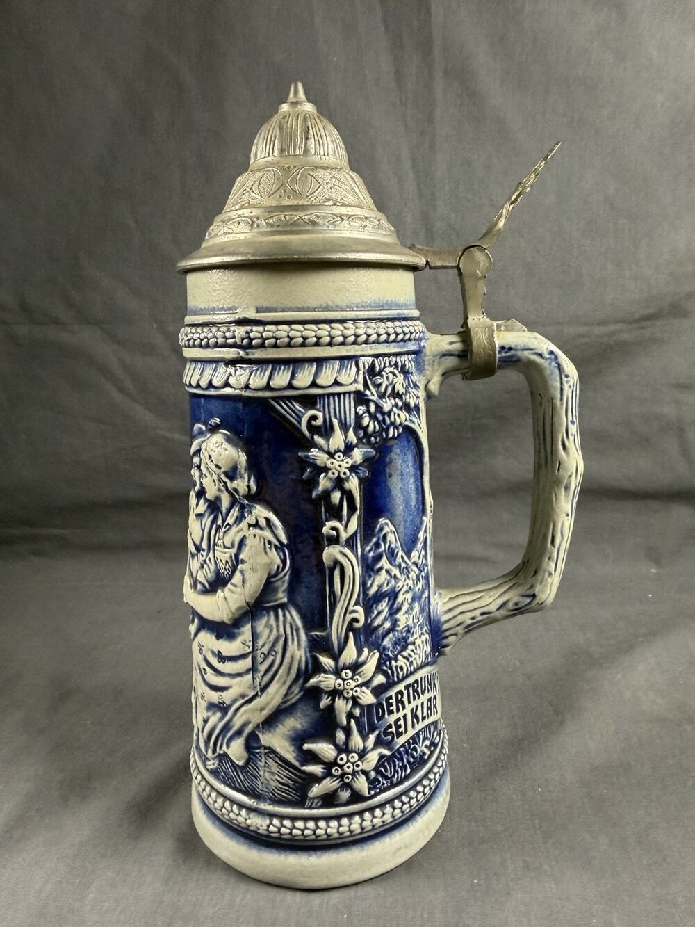 VTG Gerz Beer Stein Pewter Lid Blue Glaze Pub Scene Germany German